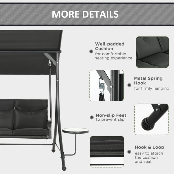 Balancelle 3 places en acier avec auvent réglable, noire