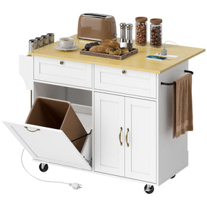 Îlot de cuisine mobile blanc avec comptoir rabattable, prises électriques et rangement