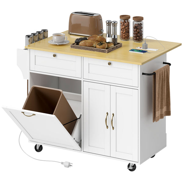 Îlot de cuisine mobile blanc avec comptoir rabattable, prises électriques et rangement
