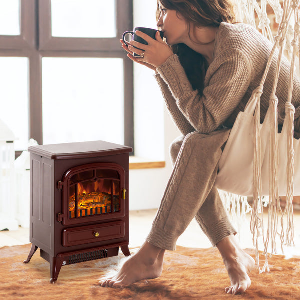 40cm 750/1500W Freestanding Electric Fireplace, Red/Brown