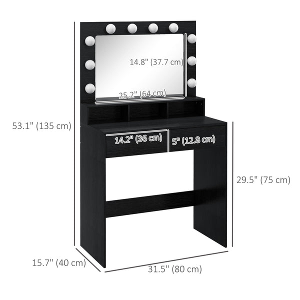 Coiffeuse avec miroir à éclairage LED et tiroirs, noire