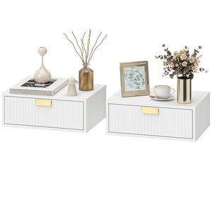 Ensemble de 2 tables de chevet suspendues modernes, fixées au mur, avec tiroir ondulé, blanches.
