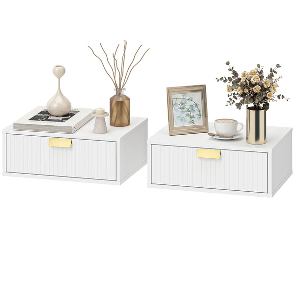 Ensemble de 2 tables de chevet suspendues modernes, fixées au mur, avec tiroir ondulé, blanches.