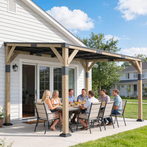 Pergola 14' x 10' en acier galvanisé avec toit rigide et structure en bois, auvent de terrasse, gris foncé
