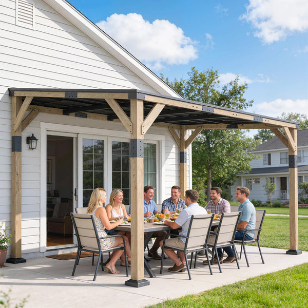 Pergola 14' x 10' en acier galvanisé avec toit rigide et structure en bois, auvent de terrasse, gris foncé