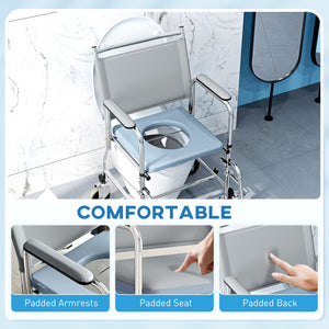 Chaise de douche 4 en 1 sur roulettes avec siège rembourré et seau – Gris