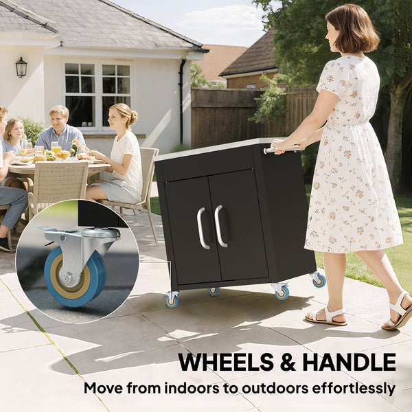 Outdoor Grill Cart with Stainless Steel Top, Pizza Oven Table with Wheels Hooks Cabinet Handles,  Black