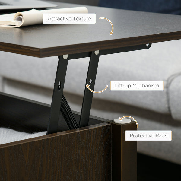 Table basse relevable avec compartiment de rangement dissimulé, 3 étagères inférieures, expresso