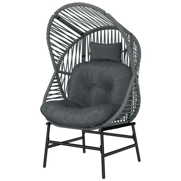 Wicker egg chair with thick cushion, headrest, and steel frame, dark gray