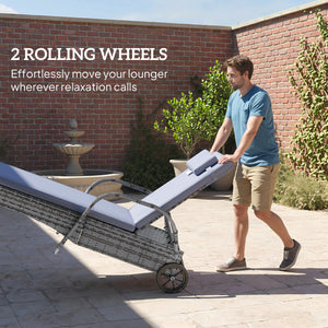 3 Pieces Patio Rattan Chaise Lounge Set, Outdoor PE Wicker Reclining Lounger Furniture Set, Adjustable Portable with Wheeled & Side Table, Grey