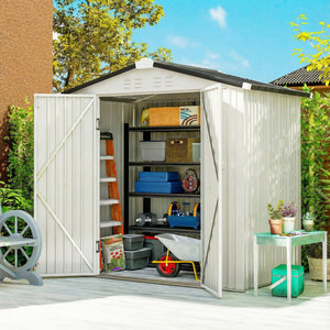 Abri de jardin 1,98 m x 1,22 m, en métal, avec double porte verrouillable et 4 aérations, couleur argent-blanc.
