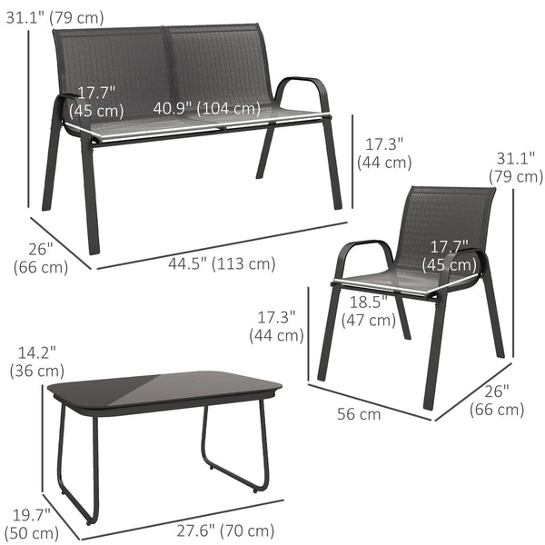 Ensemble de mobilier 4 pièces avec 2 chaises empilables, une causeuse, un salon de jardin et une table basse en verre, noir