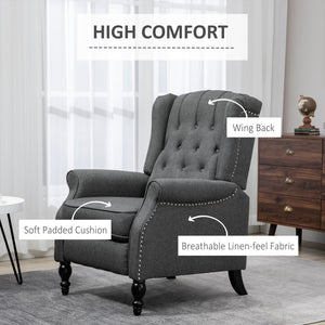 Recliner with ottoman, tufted and rolled arms, dark gray