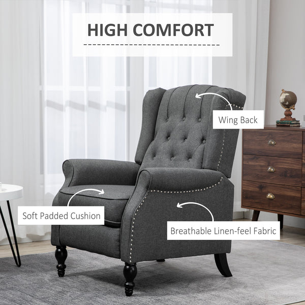 Recliner with ottoman, tufted and rolled arms, dark gray