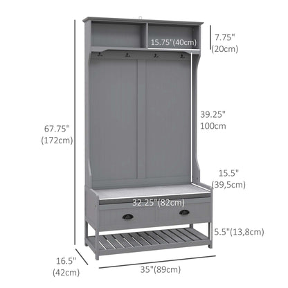 HOMCOM Shoe Bench and Coat Rack, Hallway Furniture with Bench and Shoe Storage, Hallway Bench with 4 Hooks, 2 Drawers, 2 Shelves, Grey