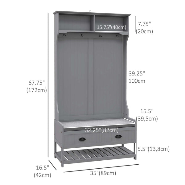 Meuble d'entrée avec banc et rangement à chaussures, banc d'entrée avec 4 crochets, 2 tiroirs, 2 étagères, gris