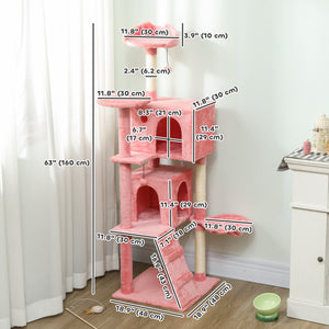 Arbre à chat de 160 cm avec griffoirs en sisal, cabanes, perchoirs en peluche, hamac, rose