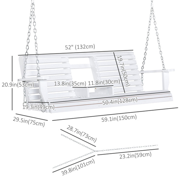 2 to 3 Seater Porch Swing Wood Patio Swing Chair Swing Bench with Foldable Table, Cup Holders, Steel Chains, White