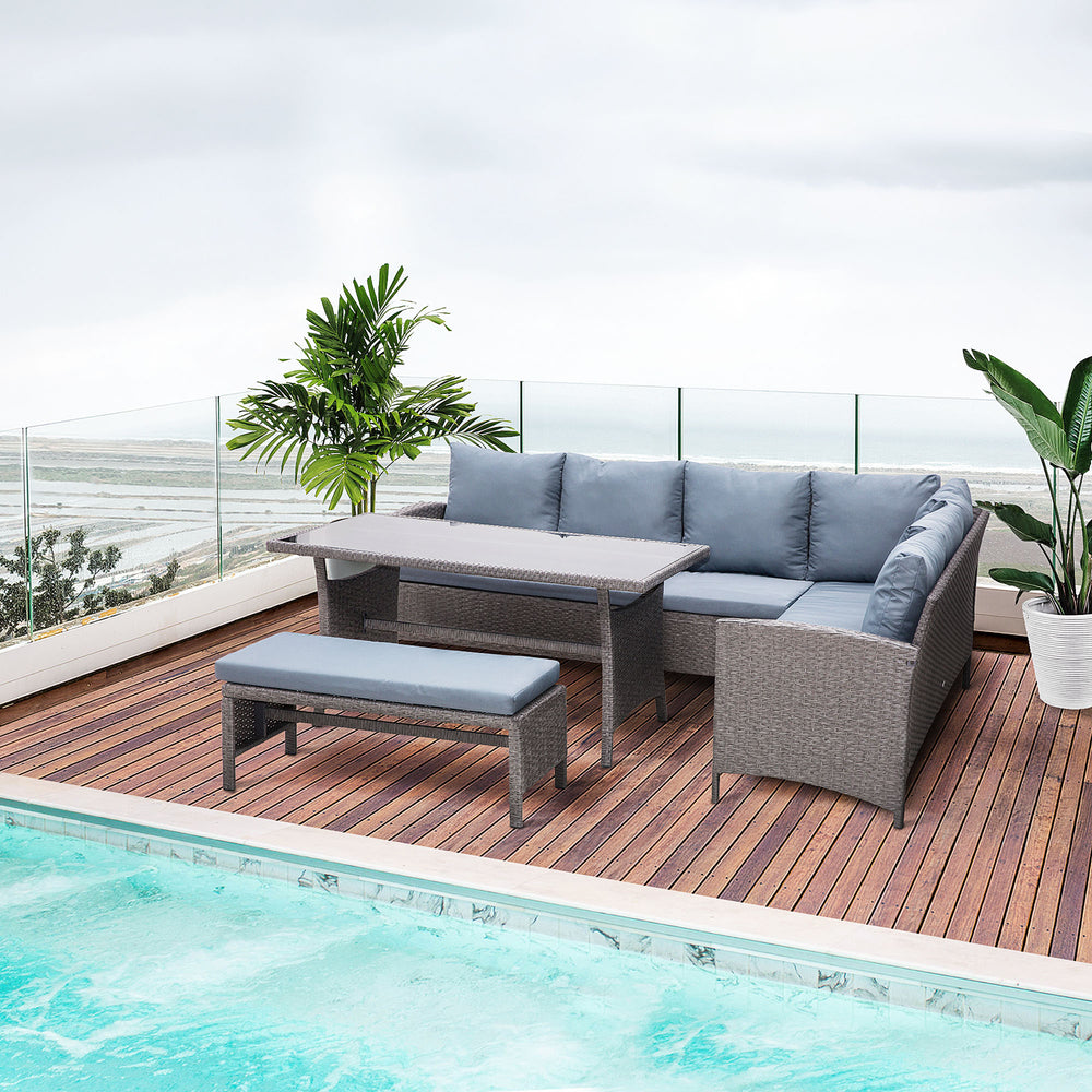 4 Piece Outdoor Patio Rattan Wicker Dining Table Bench Patio Furniture Sofa