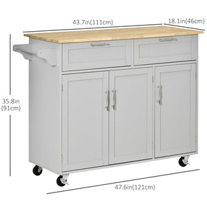 Rolling kitchen island with 2 storage drawers, 3 cupboards with doors and towel rail - Grey