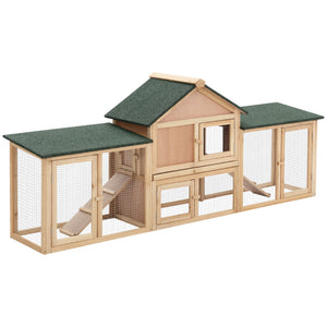 Large wooden hutch with double enclosure, pull-out tray and access ramps