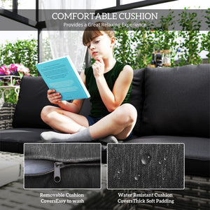 Ensemble de meubles de jardin 6 pièces en osier avec coussins, table basse et table d'appoint, noir
