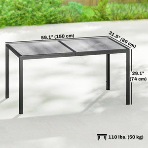 Table de salle à manger d'extérieur pour 4-6 personnes, table de terrasse extérieure de 150 cm avec pieds en métal, plateau effet bois, gris