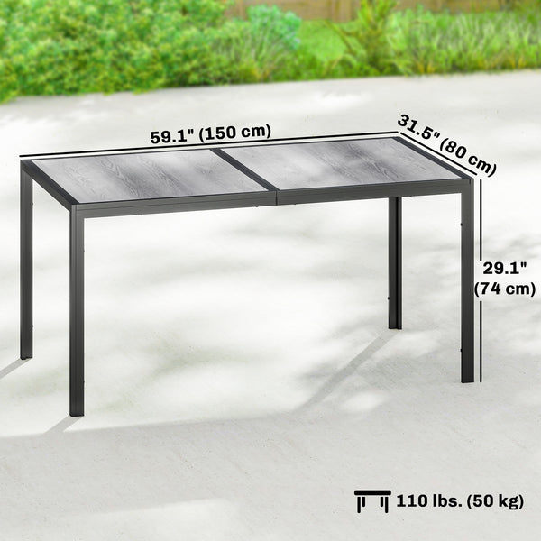 Table de salle à manger d'extérieur pour 4-6 personnes, table de terrasse extérieure de 150 cm avec pieds en métal, plateau effet bois, gris