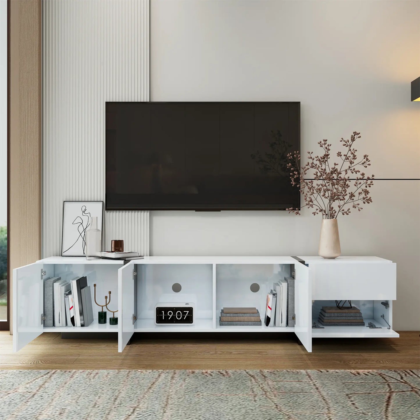 Meuble TV moderne avec finition brillante, grand espace de rangement avec tiroirs et armoires, blanc