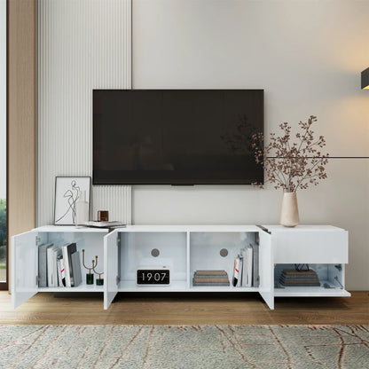Meuble TV moderne avec finition brillante, grand espace de rangement avec tiroirs et armoires, blanc