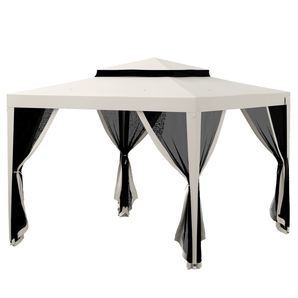 Abri blanc crème avec filet en maille et toit à double niveau, parfait pour jardin ou terrasse
