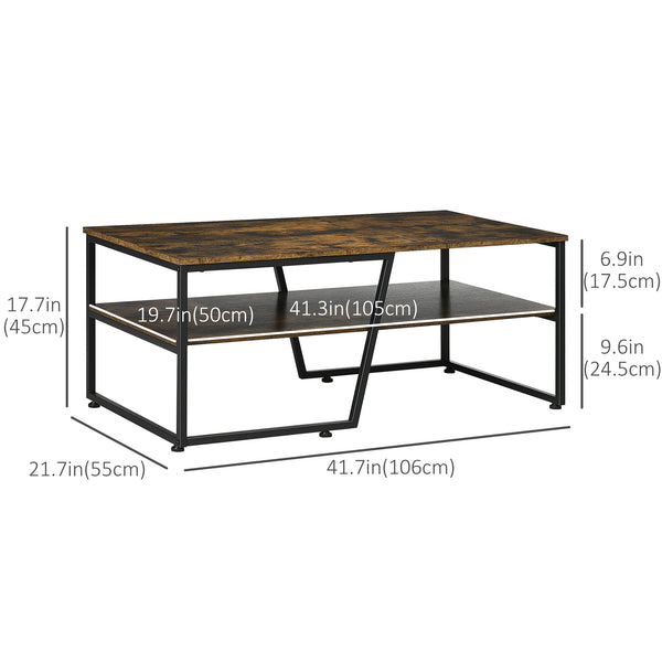 Table basse industrielle à deux niveaux avec étagère de rangement, brun rustique
