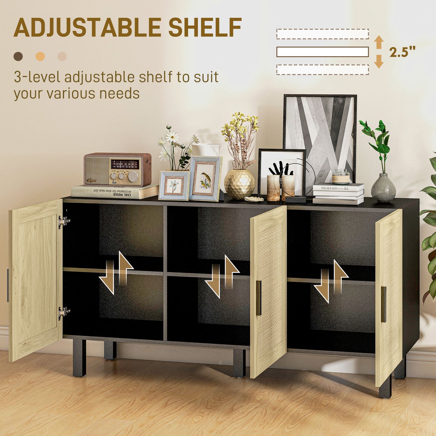 Boho Sideboard with 3 Rattan Doors, Kitchen Cabinet with Adjustable Shelves, Black and Natural 