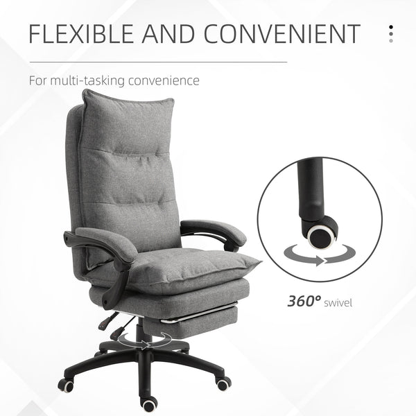Reclining and height-adjustable office chair with retractable footrest, grey
