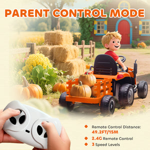Tracteur 12 V orange avec remorque, télécommande, musique, lumières