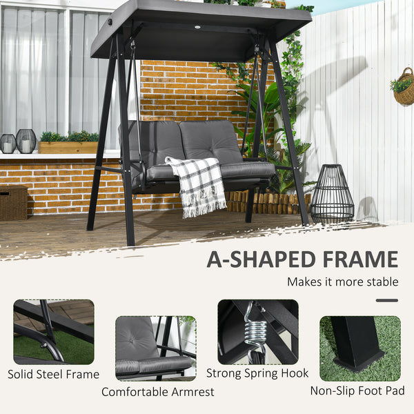 2-Seater Outdoor Porch Swing with Adjustable Canopy, Patio Swing Chair for Garden, Poolside, Backyard, Dark Grey