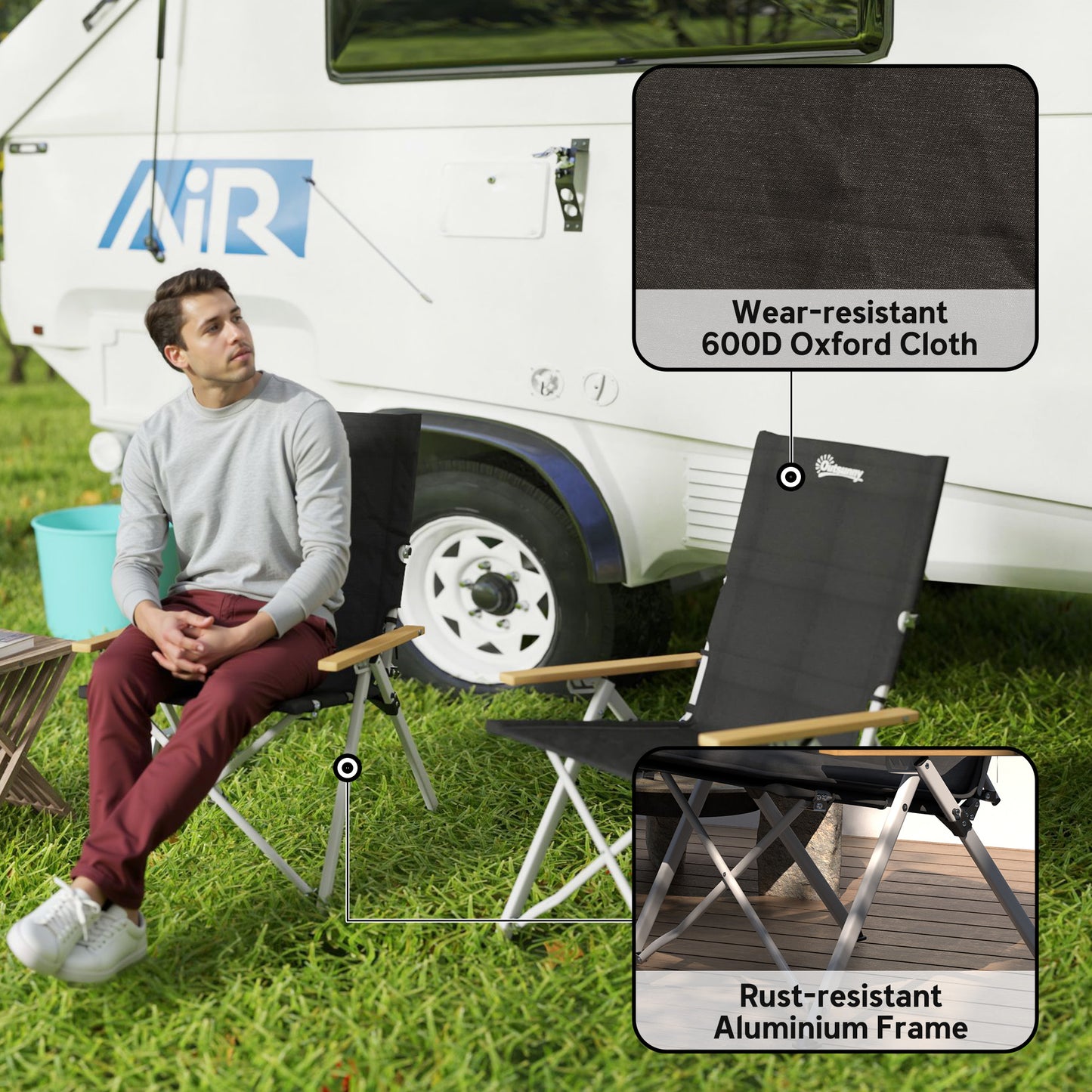 Lot de 2 chaises de camping Outsunny, chaise pliante portable avec siège rembourré et sac, fauteuil inclinable d'extérieur à dossier haut, noir