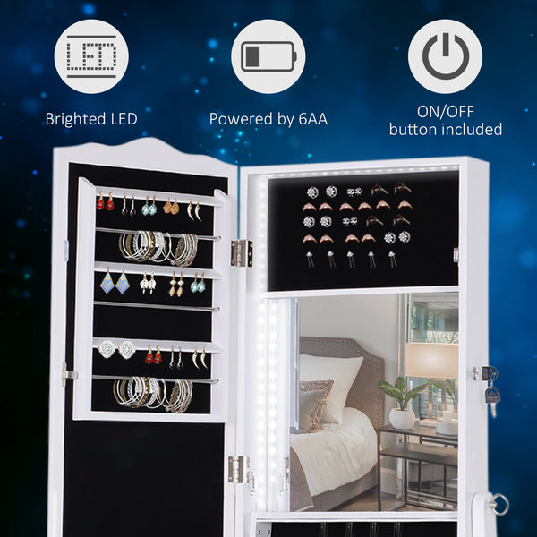 Armoire à bijoux sur pied avec éclairage LED, miroir pleine longueur, angle réglable, blanc