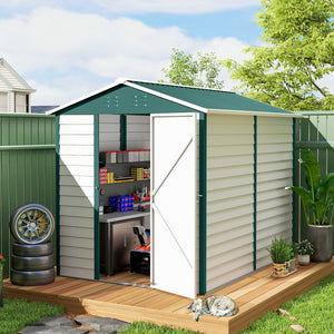 Abri de jardin extérieur avec toit en pente, porte verrouillable, vert