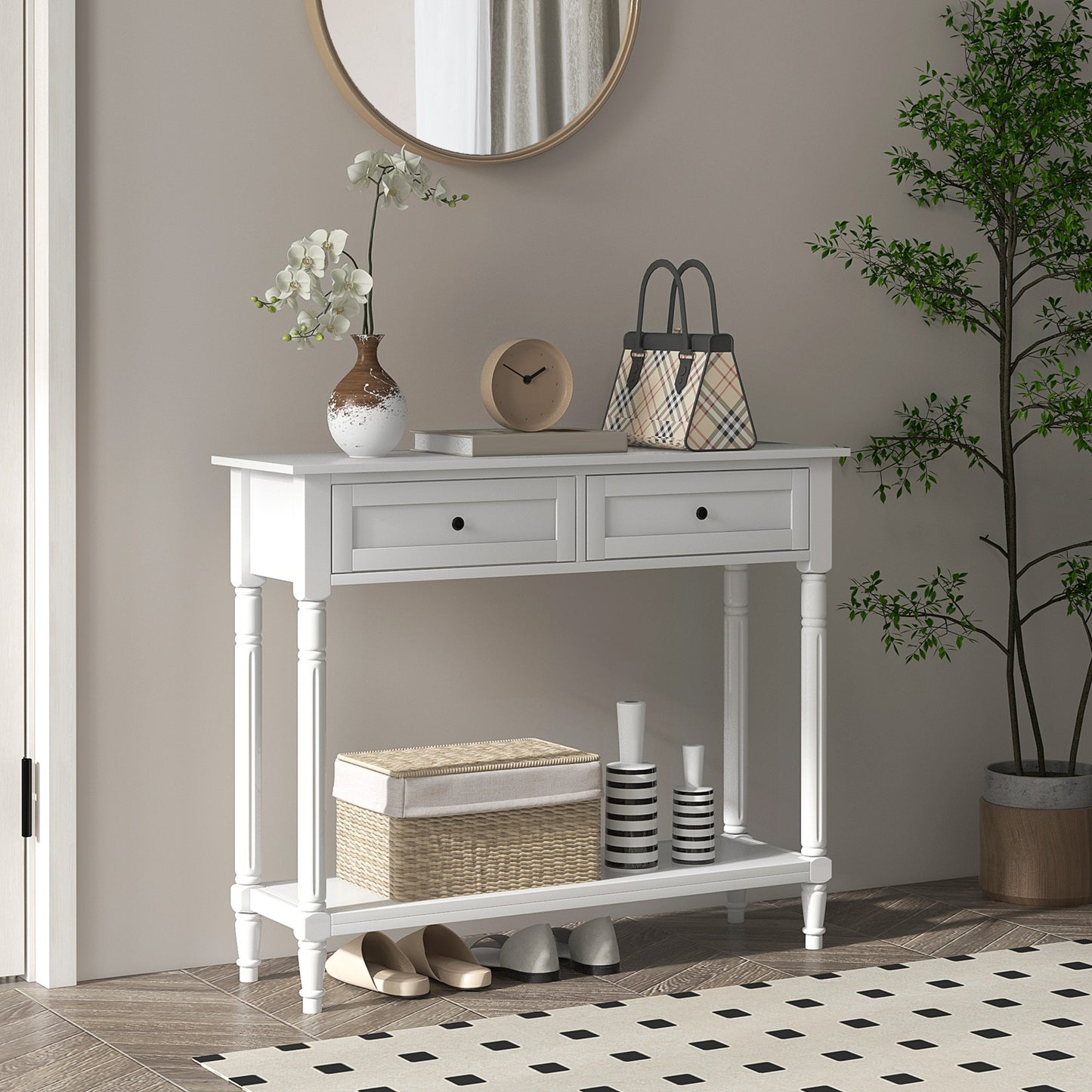 Console d'entrée moderne avec 2 tiroirs, étagère de rangement, pieds tournés, blanc
