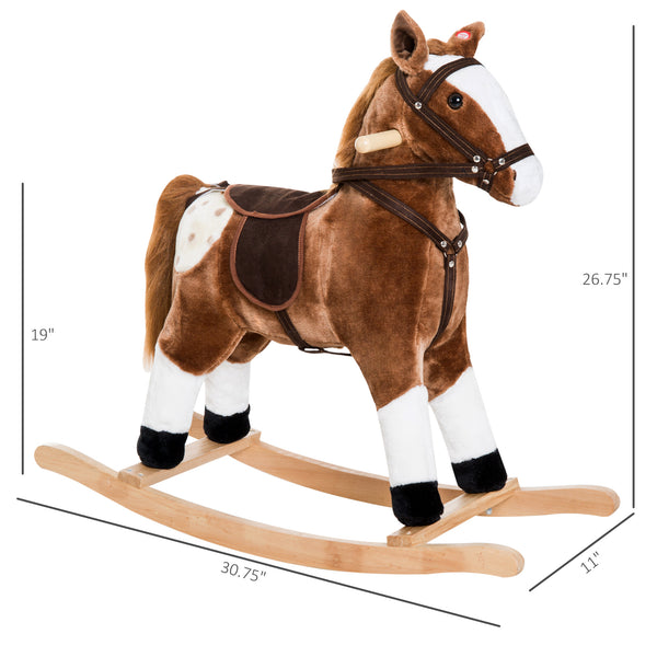 Kids Plush Rocking Horse Ride-On Toy with Realistic Sound (Brown)