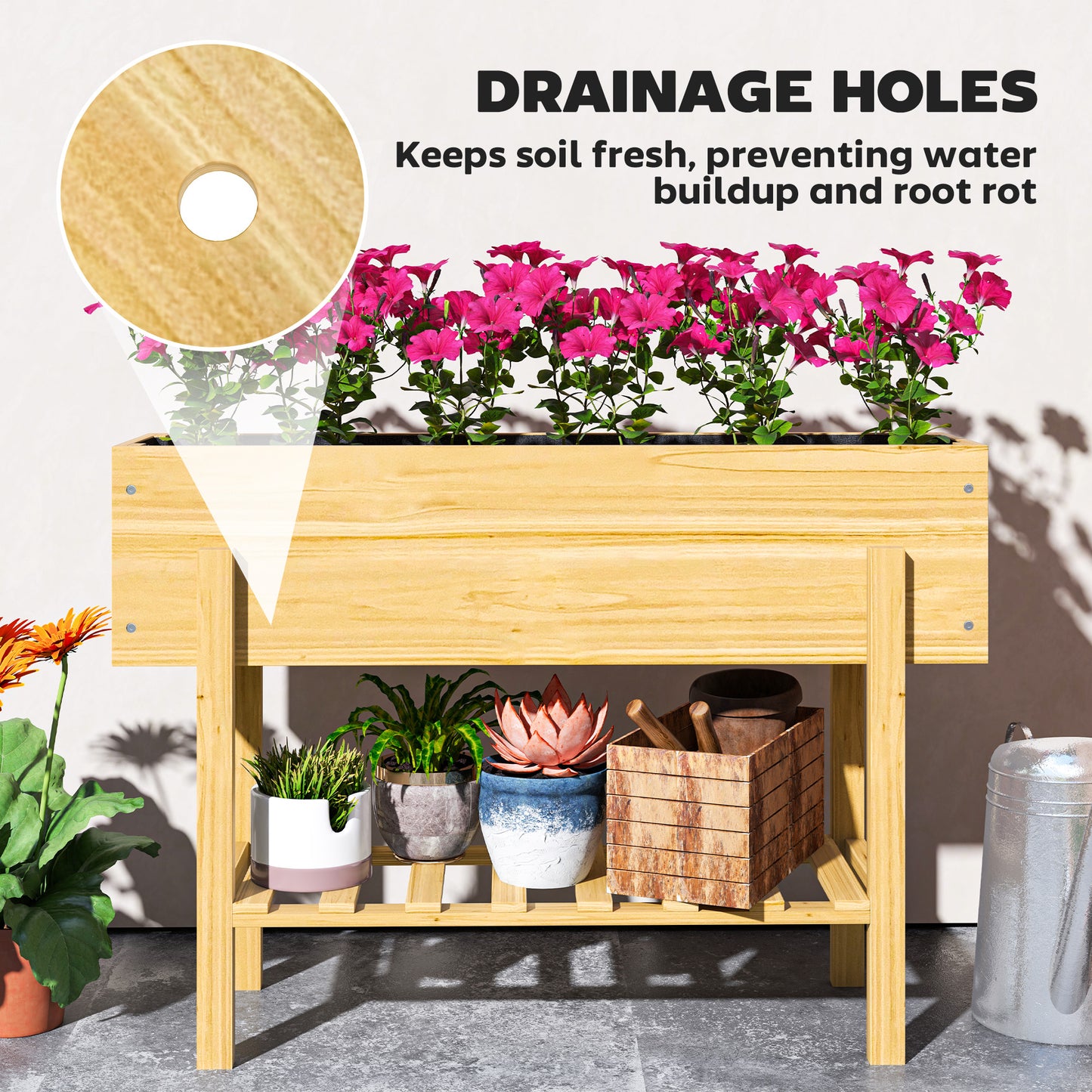 Outsunny Raised Bed with Legs, Raised Planter with Storage Shelf, Garden Deck Covering, Natural Wood