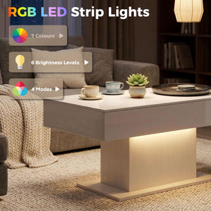 Table basse LED avec rangement, laquée brillante avec 2 tiroirs et télécommande pour salon, blanche