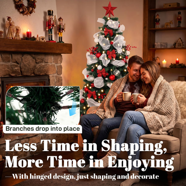 6ft Prelit Christmas Tree Spruce, Remote, Hinged, Artificial Xmas Tree with 8 Modes, 800 Tips, 200 LEDs, Green Red
