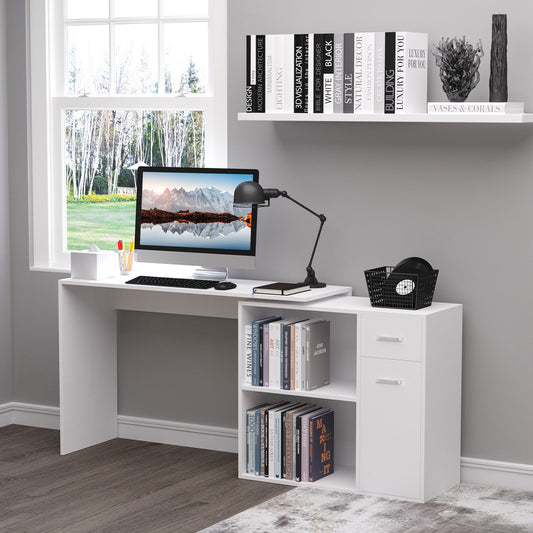 Bureau d'angle pivotant à 180° avec étagère de rangement, blanc