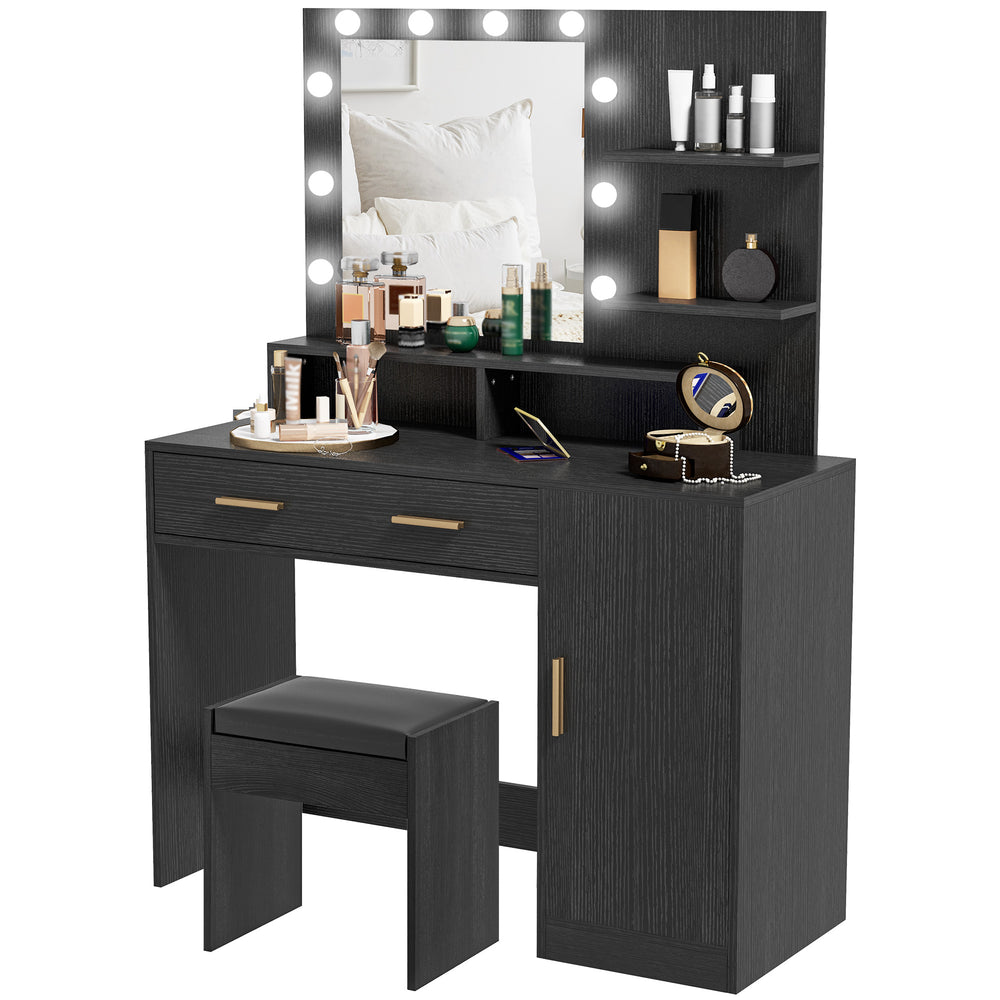 Coiffeuse lumineuse à LED avec tabouret, tiroir et étagères, noir