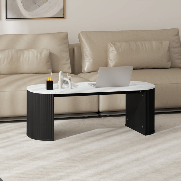 Table de salon moderne effet marbre avec coins arrondis et pieds épais, noire