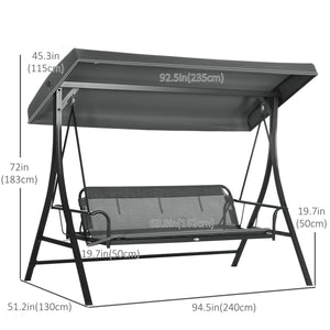 3 Person Porch Swing Bench with Adjustable Canopy, Cushions, Pillows for Porch and Backyard, Dark Grey