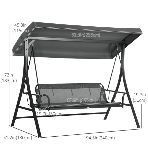 3 Person Porch Swing Bench with Adjustable Canopy, Cushions, Pillows for Porch and Backyard, Dark Grey