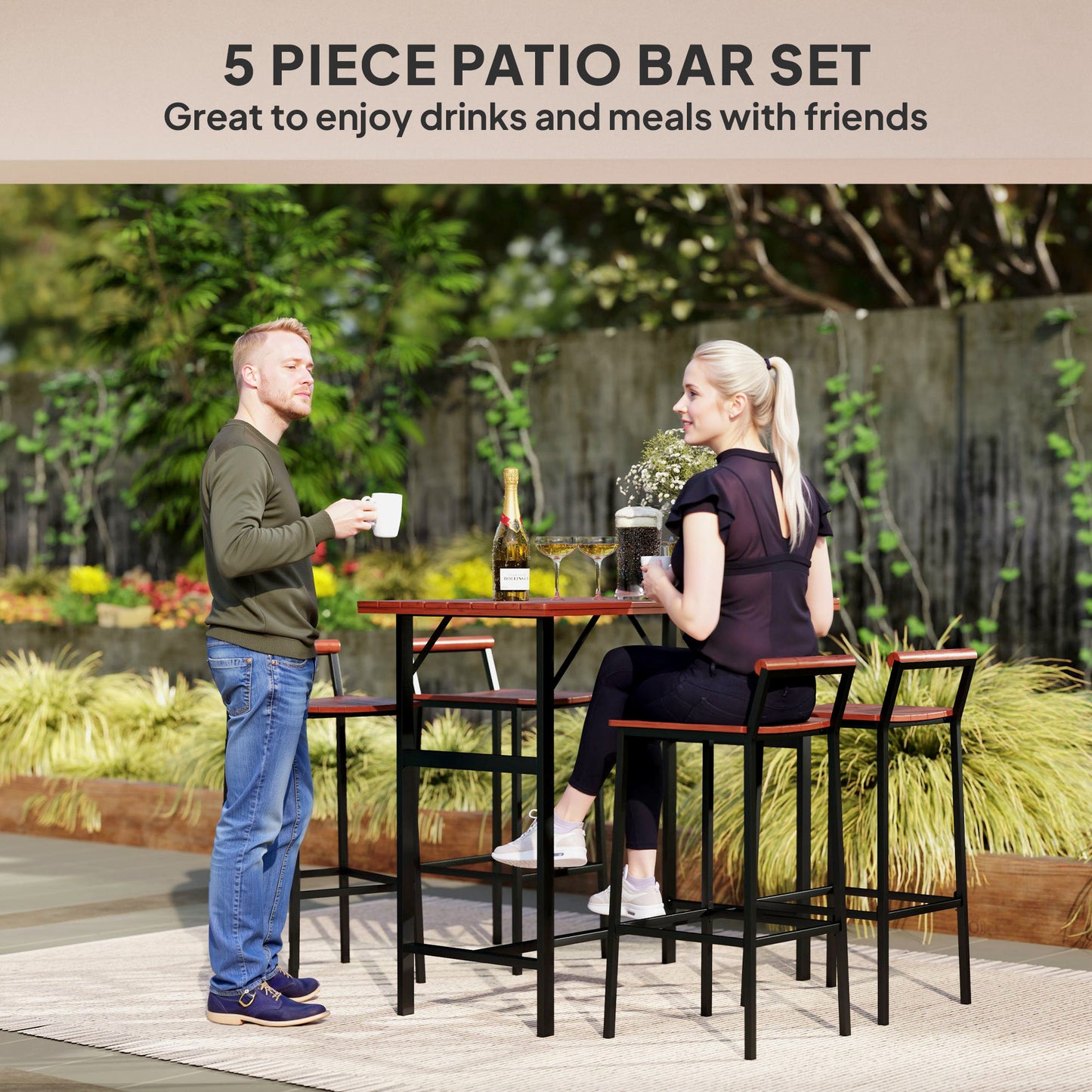 Ensemble de bar Outsunny 5 pièces avec table de 119 cm et 4 tabourets de bar, pour jardin, balcon, véranda, piscine, pelouse, marron